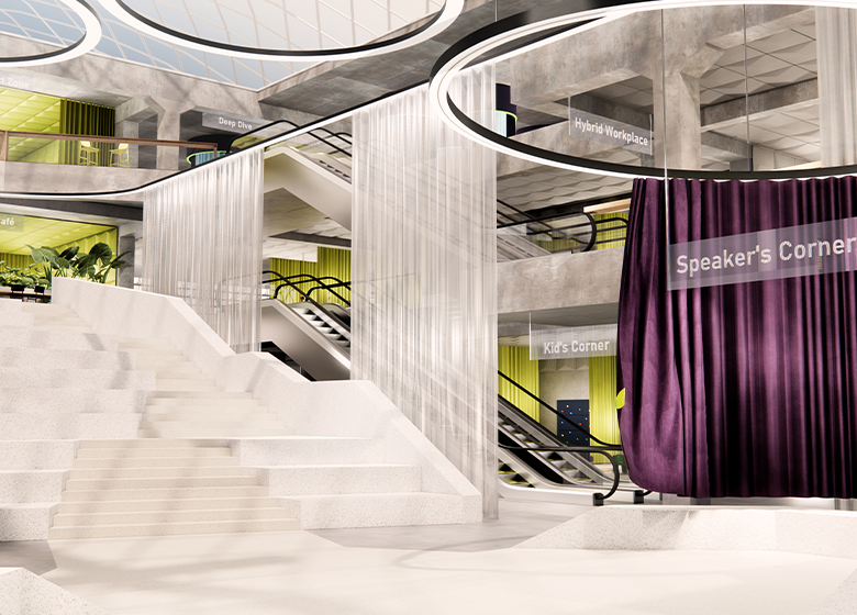 Eine Raumvision von einer Kaufhaushalle. Die Treppe ist von der Rolltreppe durch einen großen Akustikvorhang getrennt. Alles ist in weiß und lila gehalten. 